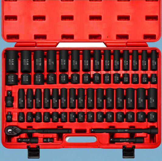 65-Piece SAE Impact Socket Set in Red Case – Top View

Complete Chrome Vanadium Socket Set with Accessories

Mechanic Using 1/2” Drive Impact Socket on Car Engine

Heavy-Duty Impact Socket Set with Deep and Shallow Sockets

Organized Socket Set in Blow Molded Case