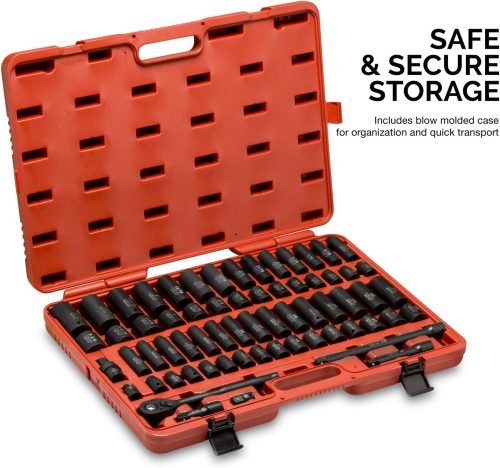 65-Piece SAE Impact Socket Set in Red Case – Top View

Complete Chrome Vanadium Socket Set with Accessories

Mechanic Using 1/2” Drive Impact Socket on Car Engine

Heavy-Duty Impact Socket Set with Deep and Shallow Sockets

Organized Socket Set in Blow Molded Case