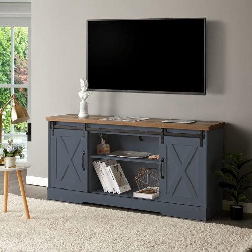 “65 inch rustic barn door TV stand in white”

“Farmhouse style media cabinet with sliding doors”

“Living room setup with gray barn door console”

“TV console with adjustable shelves and cable management”

“Modern rustic media storage cabinet for 70 inch TVs”