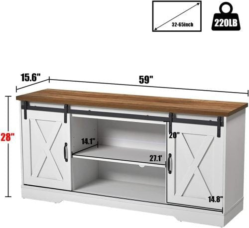 “65 inch rustic barn door TV stand in white”

“Farmhouse style media cabinet with sliding doors”

“Living room setup with gray barn door console”

“TV console with adjustable shelves and cable management”

“Modern rustic media storage cabinet for 70 inch TVs”