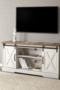 “65 inch rustic barn door TV stand in white”

“Farmhouse style media cabinet with sliding doors”

“Living room setup with gray barn door console”

“TV console with adjustable shelves and cable management”

“Modern rustic media storage cabinet for 70 inch TVs”