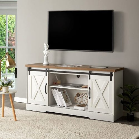 “65 inch rustic barn door TV stand in white”

“Farmhouse style media cabinet with sliding doors”

“Living room setup with gray barn door console”

“TV console with adjustable shelves and cable management”

“Modern rustic media storage cabinet for 70 inch TVs”
