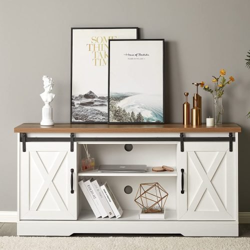 “65 inch rustic barn door TV stand in white”

“Farmhouse style media cabinet with sliding doors”

“Living room setup with gray barn door console”

“TV console with adjustable shelves and cable management”

“Modern rustic media storage cabinet for 70 inch TVs”