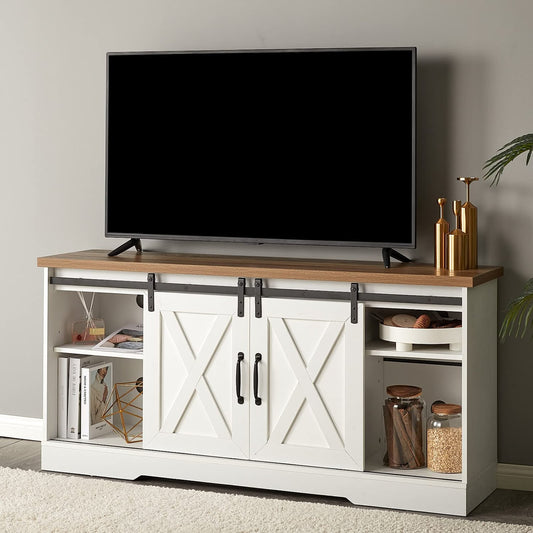 “65 inch rustic barn door TV stand in white”

“Farmhouse style media cabinet with sliding doors”

“Living room setup with gray barn door console”

“TV console with adjustable shelves and cable management”

“Modern rustic media storage cabinet for 70 inch TVs”
