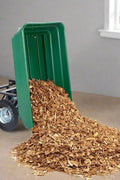 650 lb garden dump cart wagon with steel frame, green poly bed, and 10-inch pneumatic tires
