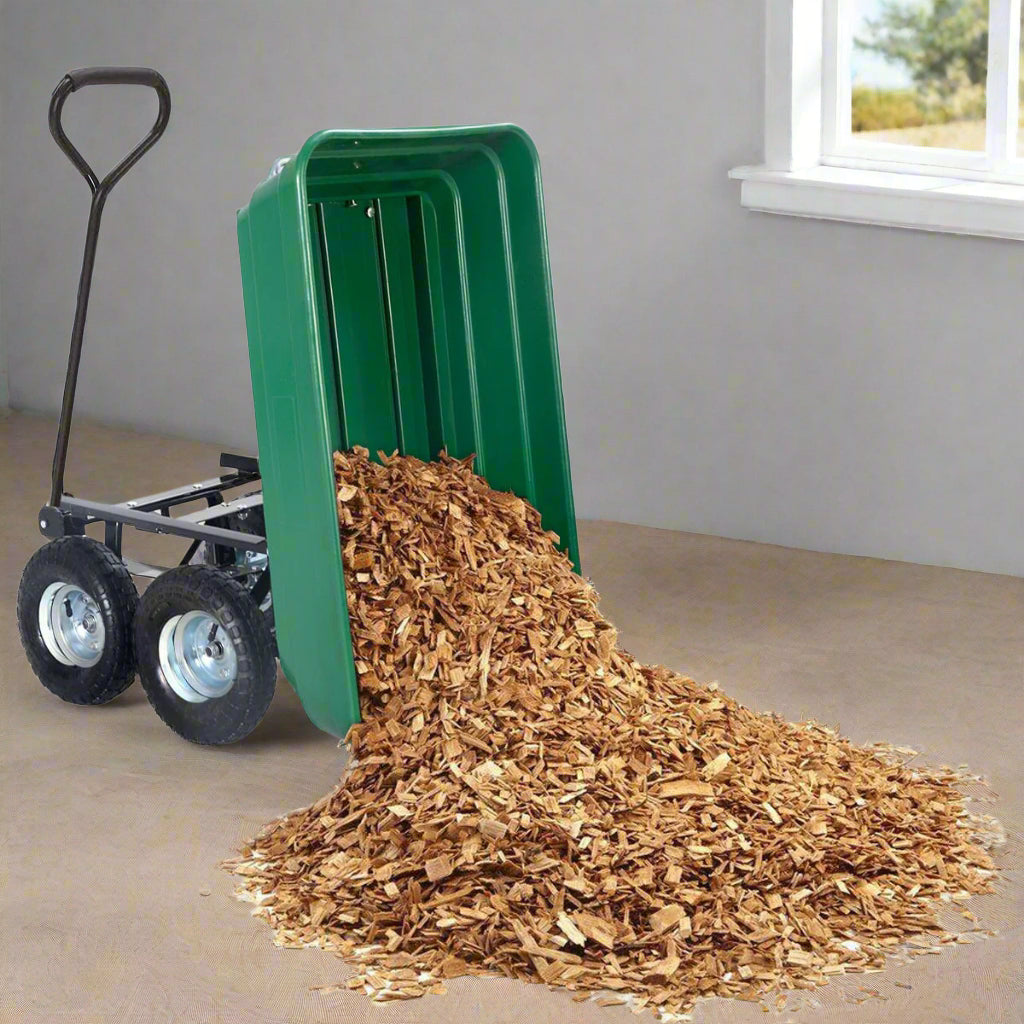 650 lb garden dump cart wagon with steel frame, green poly bed, and 10-inch pneumatic tires
