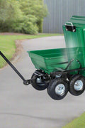 650 lb garden dump cart wagon with steel frame, green poly bed, and 10-inch pneumatic tires
