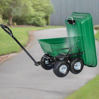 650 lb garden dump cart wagon with steel frame, green poly bed, and 10-inch pneumatic tires
