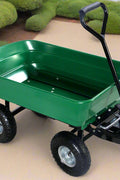650 lb garden dump cart wagon with steel frame, green poly bed, and 10-inch pneumatic tires