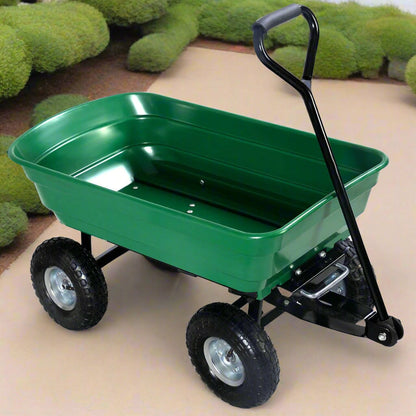 650 lb garden dump cart wagon with steel frame, green poly bed, and 10-inch pneumatic tires