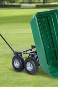 650 lb garden dump cart wagon with steel frame, green poly bed, and 10-inch pneumatic tires