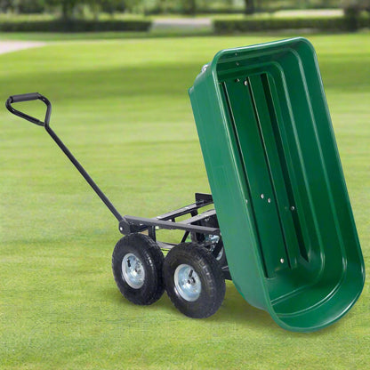 650 lb garden dump cart wagon with steel frame, green poly bed, and 10-inch pneumatic tires