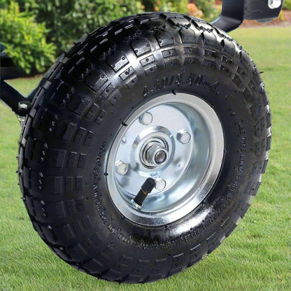 650 lb garden dump cart wagon with steel frame, green poly bed, and 10-inch pneumatic tires