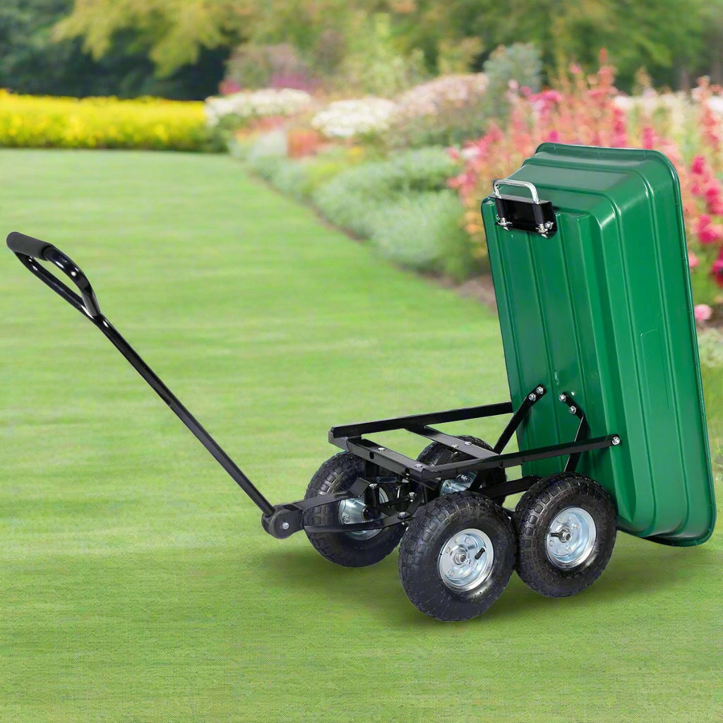 650 lb garden dump cart wagon with steel frame, green poly bed, and 10-inch pneumatic tires