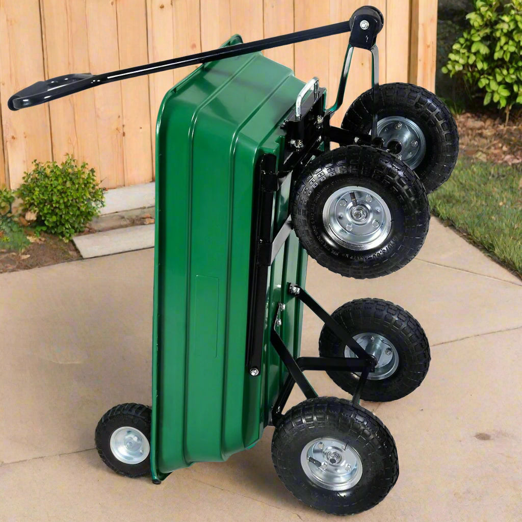 650 lb garden dump cart wagon with steel frame, green poly bed, and 10-inch pneumatic tires