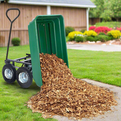 650 lb garden dump cart wagon with steel frame, green poly bed, and 10-inch pneumatic tires