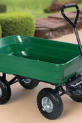 650 lb garden dump cart wagon with steel frame, green poly bed, and 10-inch pneumatic tires