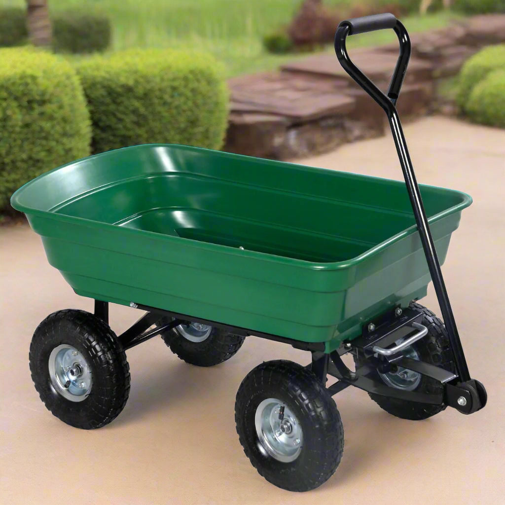 650 lb garden dump cart wagon with steel frame, green poly bed, and 10-inch pneumatic tires