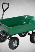 650 lb garden dump wagon with tilt bed and 10 inch tires
Plastic poly bed utility cart for lawn and yard use
Green heavy-duty garden wagon with steel frame
Garden cart with pneumatic tires and dump feature