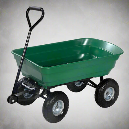 650 lb garden dump wagon with tilt bed and 10 inch tires
Plastic poly bed utility cart for lawn and yard use
Green heavy-duty garden wagon with steel frame
Garden cart with pneumatic tires and dump feature