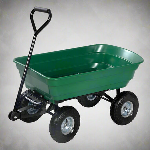 650 lb garden dump wagon with tilt bed and 10 inch tires
Plastic poly bed utility cart for lawn and yard use
Green heavy-duty garden wagon with steel frame
Garden cart with pneumatic tires and dump feature