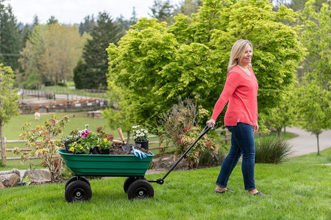 650 lb garden dump wagon with tilt bed and 10 inch tires
Plastic poly bed utility cart for lawn and yard use
Green heavy-duty garden wagon with steel frame
Garden cart with pneumatic tires and dump feature