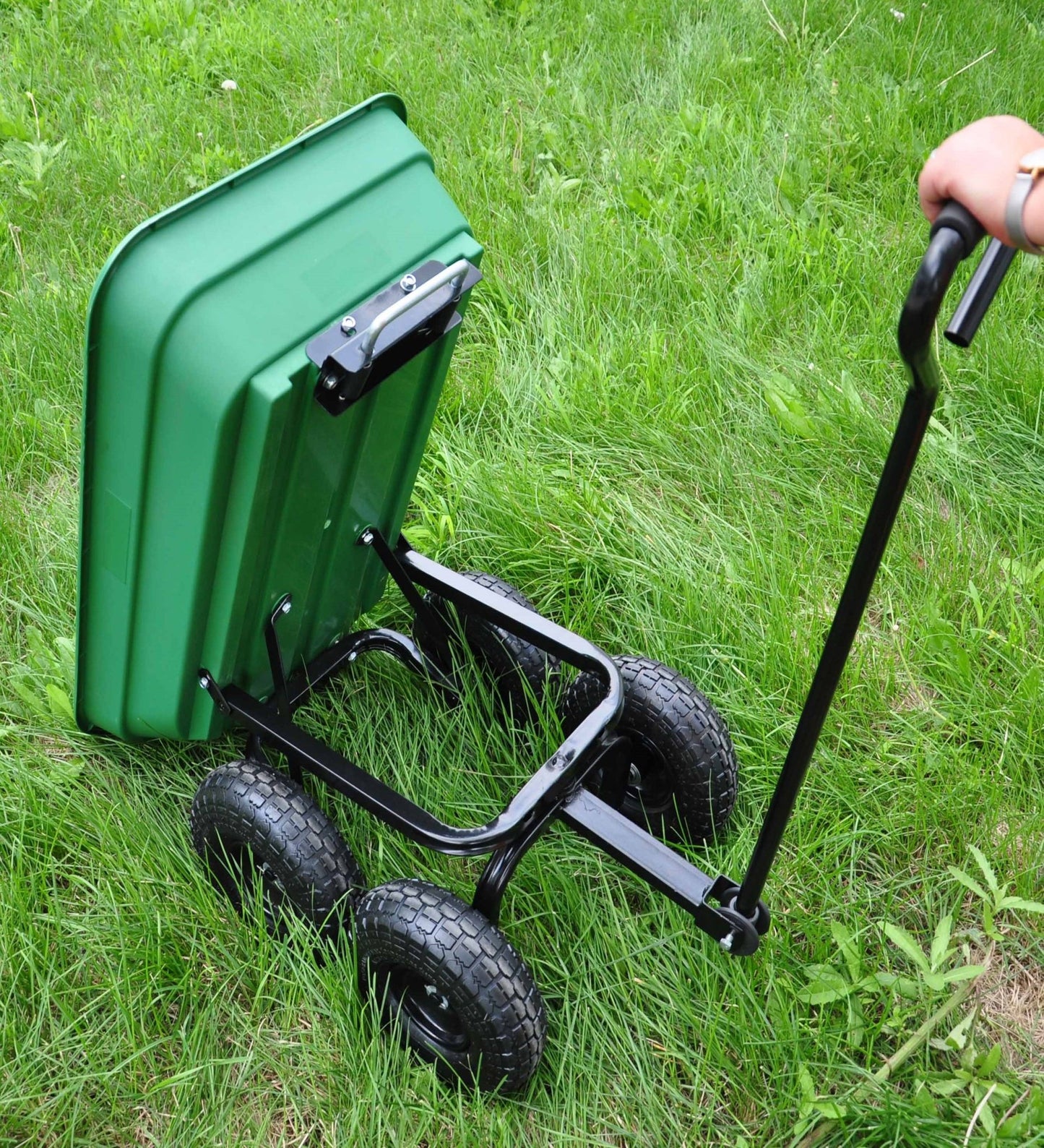 650 lb garden dump wagon with tilt bed and 10 inch tires
Plastic poly bed utility cart for lawn and yard use
Green heavy-duty garden wagon with steel frame
Garden cart with pneumatic tires and dump feature