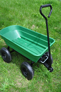 650 lb garden dump wagon with tilt bed and 10 inch tires
Plastic poly bed utility cart for lawn and yard use
Green heavy-duty garden wagon with steel frame
Garden cart with pneumatic tires and dump feature