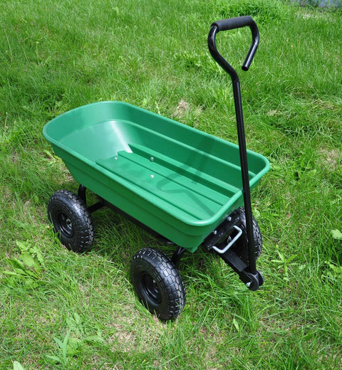 650 lb garden dump wagon with tilt bed and 10 inch tires
Plastic poly bed utility cart for lawn and yard use
Green heavy-duty garden wagon with steel frame
Garden cart with pneumatic tires and dump feature