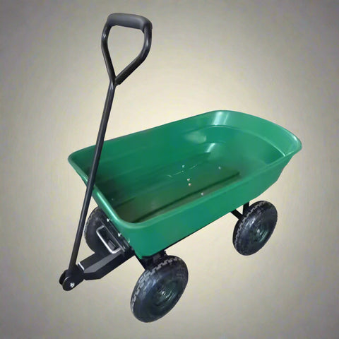 650 lb garden dump wagon with tilt bed and 10 inch tires
Plastic poly bed utility cart for lawn and yard use
Green heavy-duty garden wagon with steel frame
Garden cart with pneumatic tires and dump feature