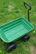 650 lb garden dump wagon with tilt bed and 10 inch tires
Plastic poly bed utility cart for lawn and yard use
Green heavy-duty garden wagon with steel frame
Garden cart with pneumatic tires and dump feature