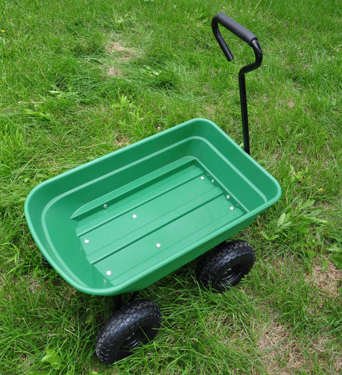 650 lb garden dump wagon with tilt bed and 10 inch tires
Plastic poly bed utility cart for lawn and yard use
Green heavy-duty garden wagon with steel frame
Garden cart with pneumatic tires and dump feature