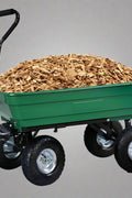 650 lb garden dump wagon with tilt bed and 10 inch tires
Plastic poly bed utility cart for lawn and yard use
Green heavy-duty garden wagon with steel frame
Garden cart with pneumatic tires and dump feature
