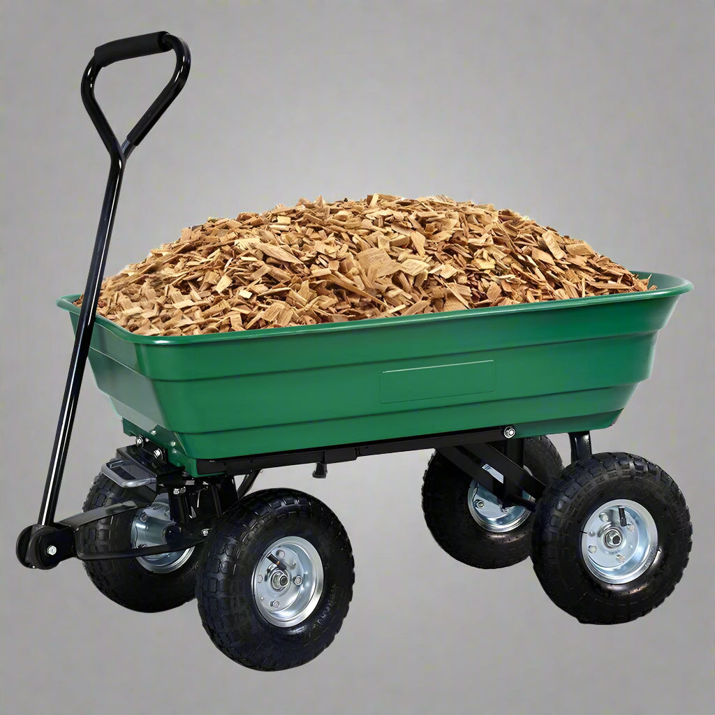650 lb garden dump wagon with tilt bed and 10 inch tires
Plastic poly bed utility cart for lawn and yard use
Green heavy-duty garden wagon with steel frame
Garden cart with pneumatic tires and dump feature