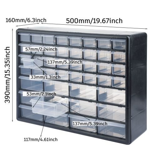 66 Drawer Plastic Storage Cabinet – Front View

Drawer Organizer with Tools and Hardware

44 Drawer Parts Organizer Cabinet – Side Angle

Stackable Black Plastic Organizer for Small Parts