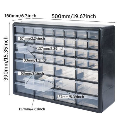 66 Drawer Plastic Storage Cabinet – Front View

Drawer Organizer with Tools and Hardware

44 Drawer Parts Organizer Cabinet – Side Angle

Stackable Black Plastic Organizer for Small Parts