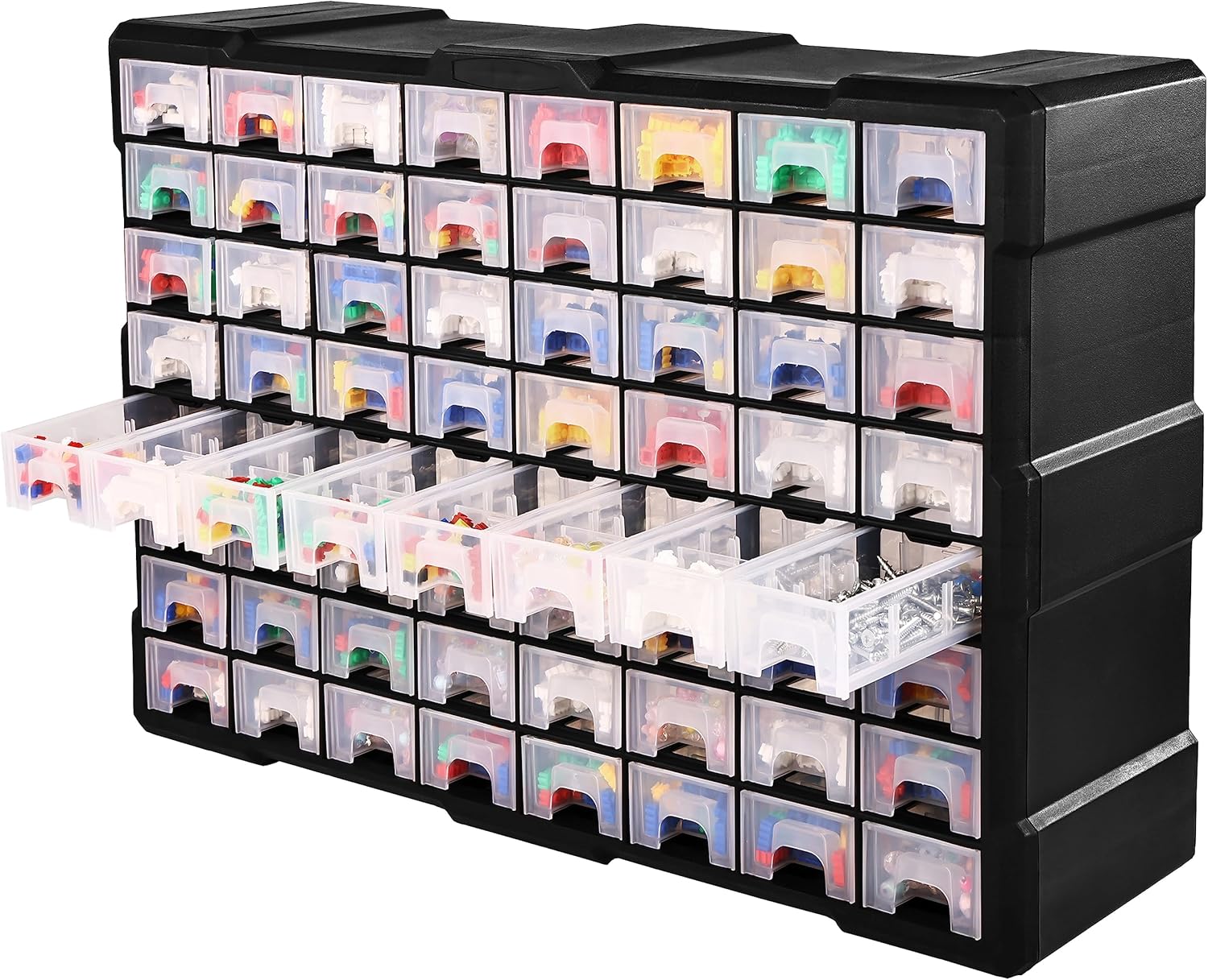 66 Drawer Plastic Storage Cabinet – Front View

Drawer Organizer with Tools and Hardware

44 Drawer Parts Organizer Cabinet – Side Angle

Stackable Black Plastic Organizer for Small Parts