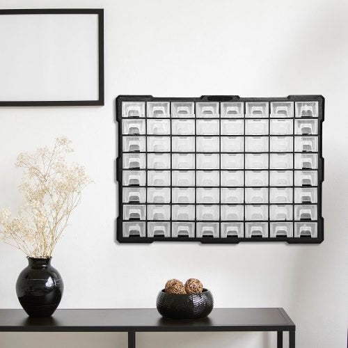 66 Drawer Plastic Storage Cabinet – Front View

Drawer Organizer with Tools and Hardware

44 Drawer Parts Organizer Cabinet – Side Angle

Stackable Black Plastic Organizer for Small Parts