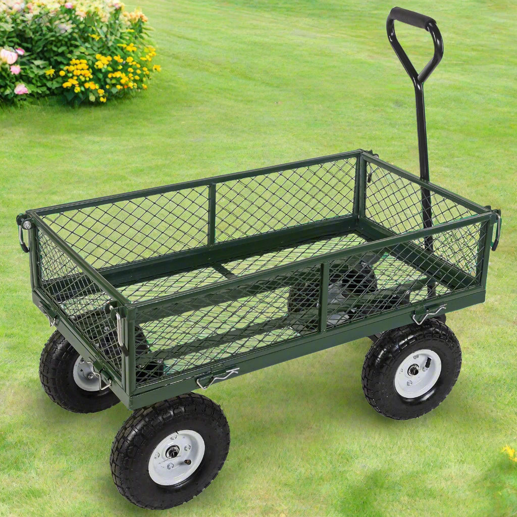 660 lb green mesh garden utility cart with removable sides
heavy-duty yard cart with pneumatic tires and steel frame
TC1840B steel garden wagon for hauling mulch and tools
outdoor landscaping cart with padded handle
flatbed conversion garden cart for heavy loads