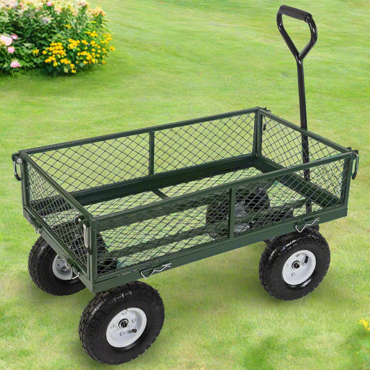 660 lb green mesh garden utility cart with removable sides
heavy-duty yard cart with pneumatic tires and steel frame
TC1840B steel garden wagon for hauling mulch and tools
outdoor landscaping cart with padded handle
flatbed conversion garden cart for heavy loads