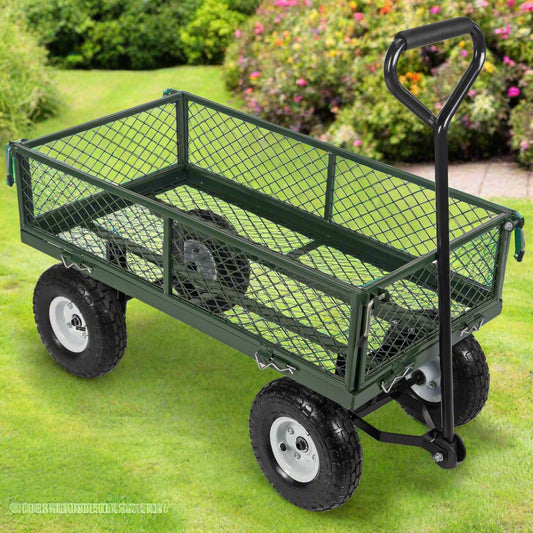 660 lb green mesh garden utility cart with removable sides
heavy-duty yard cart with pneumatic tires and steel frame
TC1840B steel garden wagon for hauling mulch and tools
outdoor landscaping cart with padded handle
flatbed conversion garden cart for heavy loads
