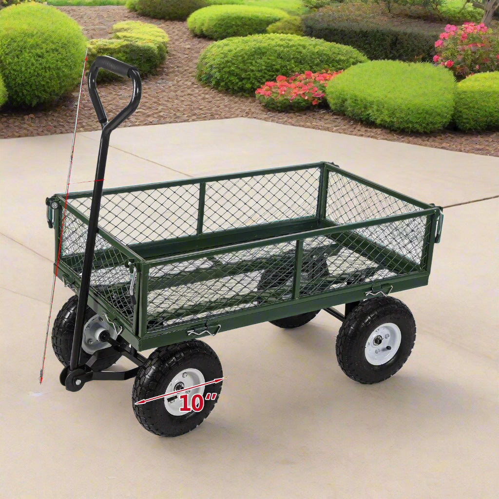 660 lb green mesh garden utility cart with removable sides
heavy-duty yard cart with pneumatic tires and steel frame
TC1840B steel garden wagon for hauling mulch and tools
outdoor landscaping cart with padded handle
flatbed conversion garden cart for heavy loads