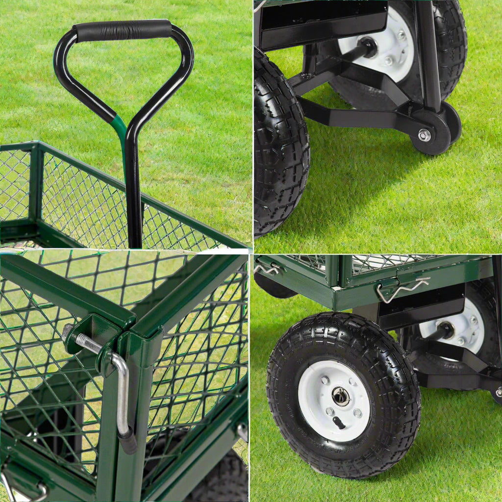 660 lb green mesh garden utility cart with removable sides
heavy-duty yard cart with pneumatic tires and steel frame
TC1840B steel garden wagon for hauling mulch and tools
outdoor landscaping cart with padded handle
flatbed conversion garden cart for heavy loads