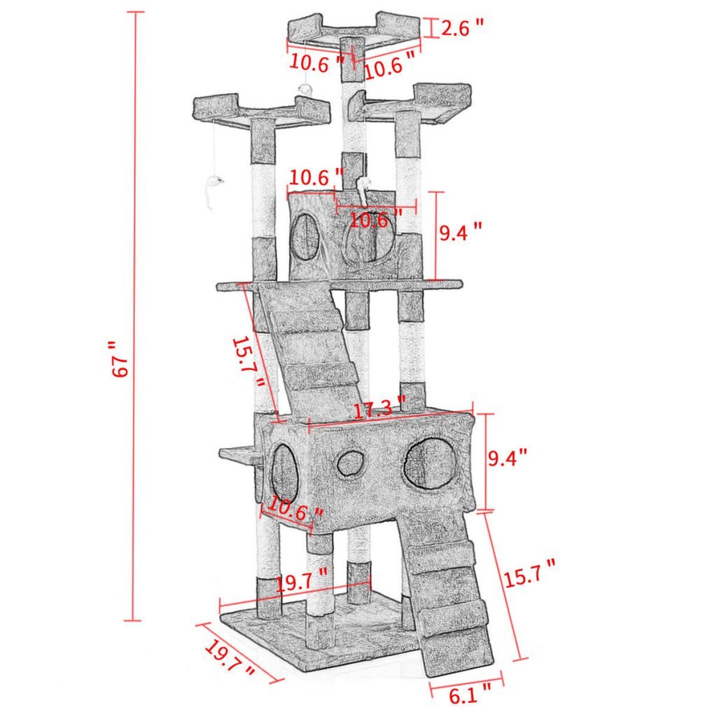 67-inch tall multi-level cat tree in brown color
Cat lounging on viewing platform of condo
Sisal-wrapped posts and hanging toy ball
Full cat tower structure with three platforms and two hideouts
Soft plush fabric-covered hideaway area for cats