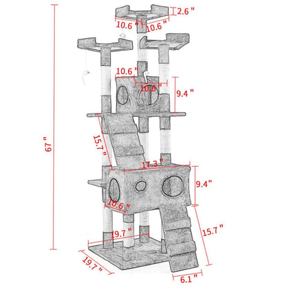 67-inch tall multi-level cat tree in brown color
Cat lounging on viewing platform of condo
Sisal-wrapped posts and hanging toy ball
Full cat tower structure with three platforms and two hideouts
Soft plush fabric-covered hideaway area for cats