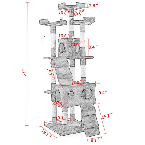67-inch tall multi-level cat tree in brown color
Cat lounging on viewing platform of condo
Sisal-wrapped posts and hanging toy ball
Full cat tower structure with three platforms and two hideouts
Soft plush fabric-covered hideaway area for cats