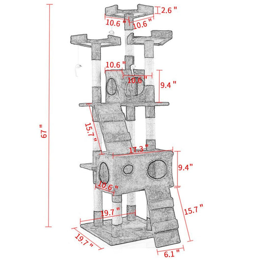 67-inch tall multi-level cat tree in brown color
Cat lounging on viewing platform of condo
Sisal-wrapped posts and hanging toy ball
Full cat tower structure with three platforms and two hideouts
Soft plush fabric-covered hideaway area for cats