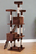 67-inch tall multi-level cat tree in brown color
Cat lounging on viewing platform of condo
Sisal-wrapped posts and hanging toy ball
Full cat tower structure with three platforms and two hideouts
Soft plush fabric-covered hideaway area for cats