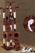 67-inch tall multi-level cat tree in brown color
Cat lounging on viewing platform of condo
Sisal-wrapped posts and hanging toy ball
Full cat tower structure with three platforms and two hideouts
Soft plush fabric-covered hideaway area for cats