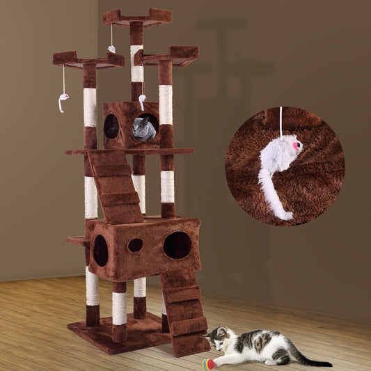 67-inch tall multi-level cat tree in brown color
Cat lounging on viewing platform of condo
Sisal-wrapped posts and hanging toy ball
Full cat tower structure with three platforms and two hideouts
Soft plush fabric-covered hideaway area for cats